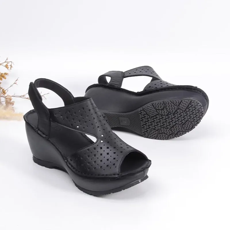 Handmade Leather Wedges Sandals Perforated Design Slingback in Black/Nude/Apricot