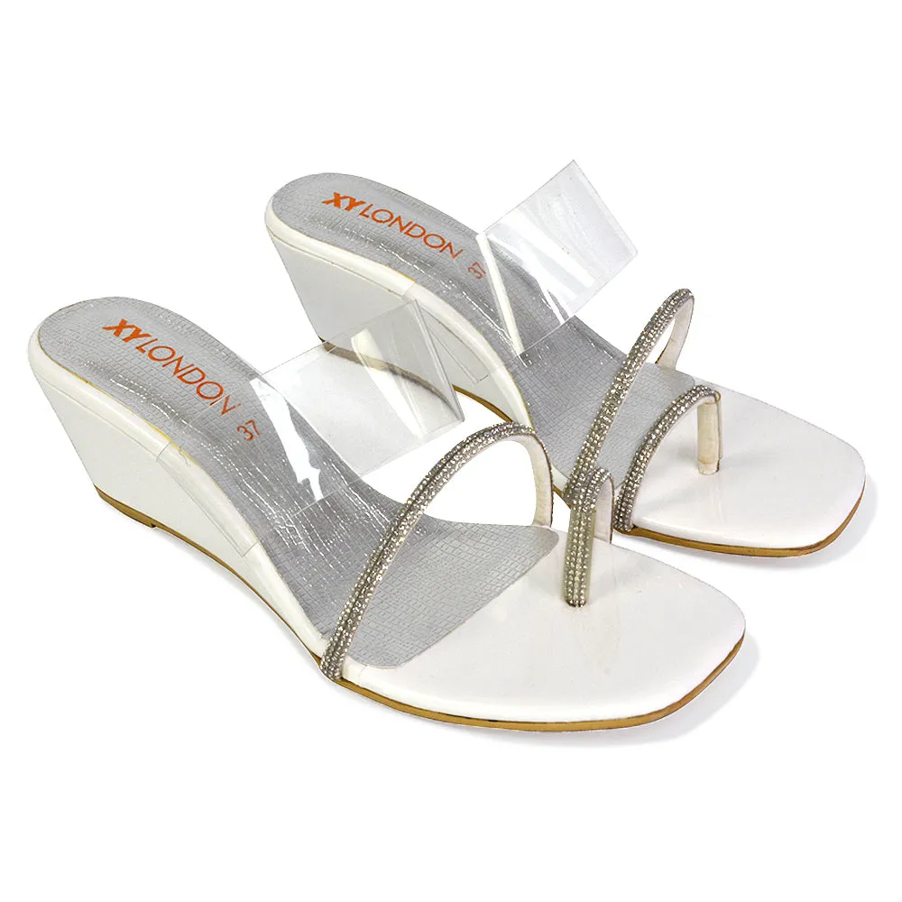 Hayes Perspex Strappy Toe Post Diamante Wedge Heel Sandals in Silver