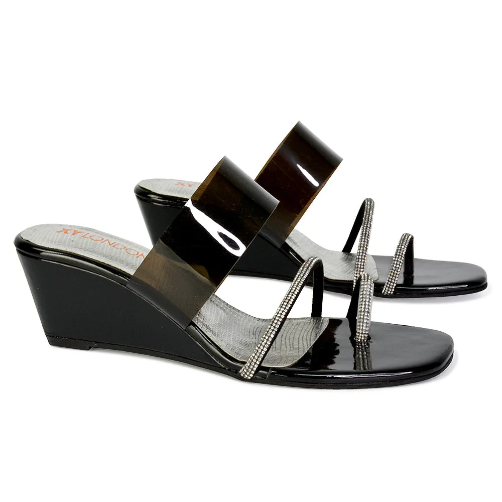 Hayes Perspex Strappy Toe Post Diamante Wedge Heel Sandals in Silver