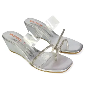 Hayes Perspex Strappy Toe Post Diamante Wedge Heel Sandals in Silver