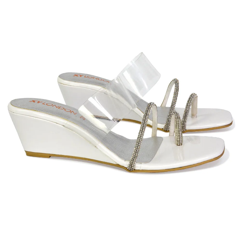 Hayes Perspex Strappy Toe Post Diamante Wedge Heel Sandals in Silver