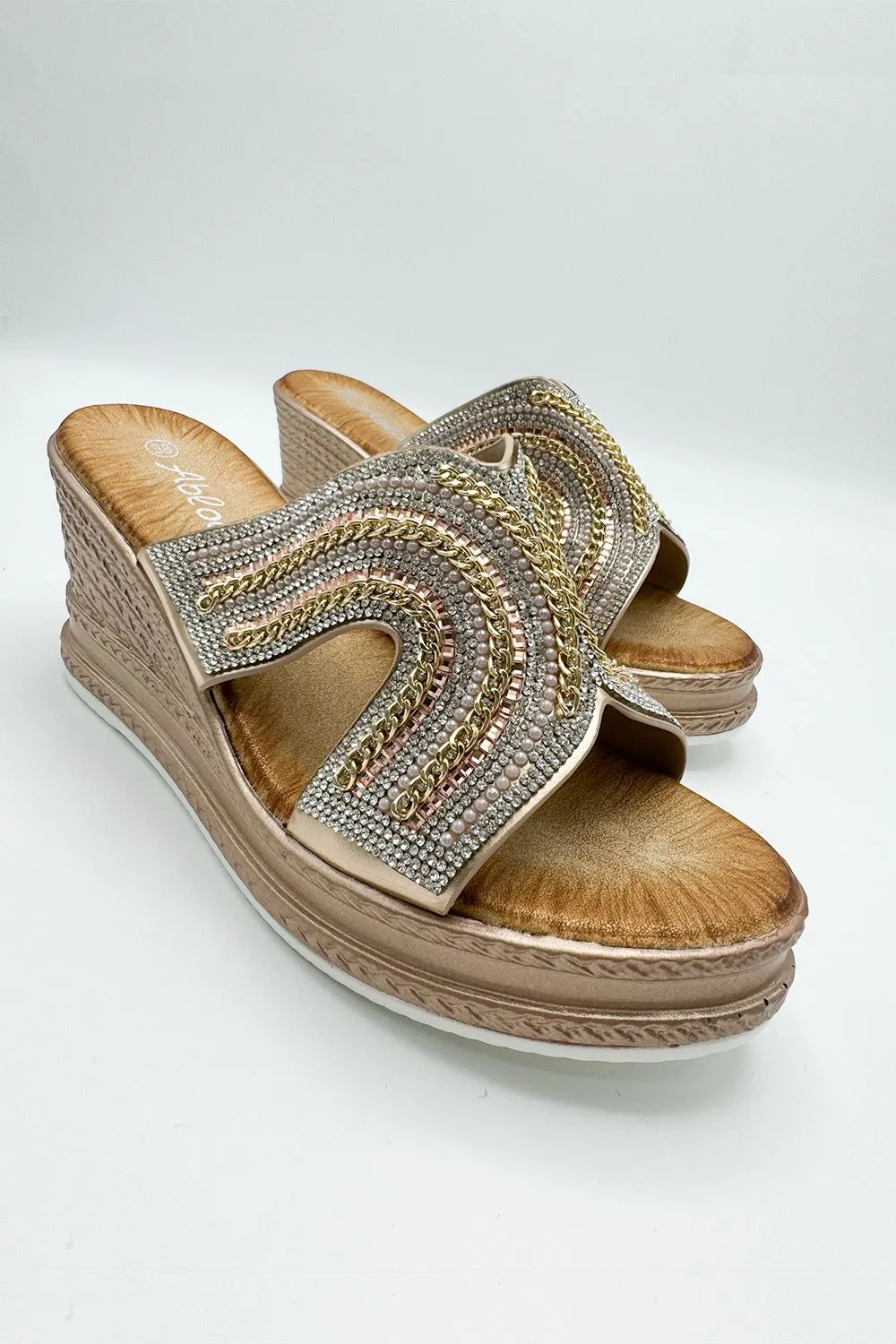 Hestia Diamante Strap Wedge Mules in Rose Gold