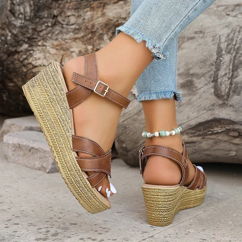 Hnzxzm Fashion Weave Wedge Heel Sandals Women Pu Leather Chunky Paltform Sandalias De Mujer Ankle Buckle High Heels Gladiator Shoes