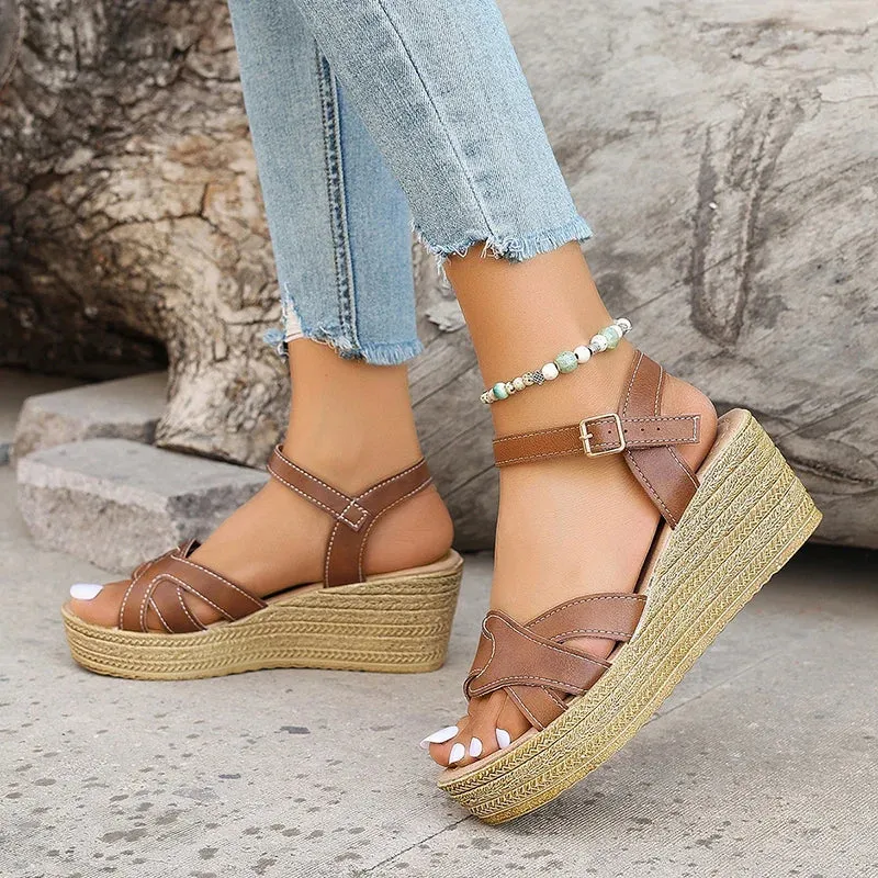 Hnzxzm Fashion Weave Wedge Heel Sandals Women Pu Leather Chunky Paltform Sandalias De Mujer Ankle Buckle High Heels Gladiator Shoes