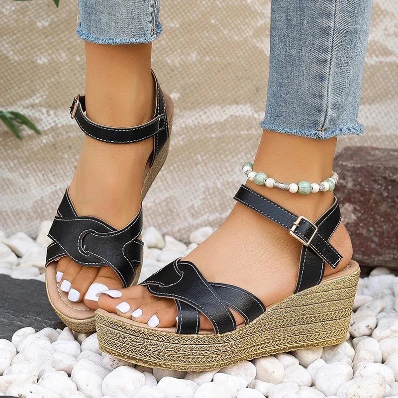 Hnzxzm Fashion Weave Wedge Heel Sandals Women Pu Leather Chunky Paltform Sandalias De Mujer Ankle Buckle High Heels Gladiator Shoes