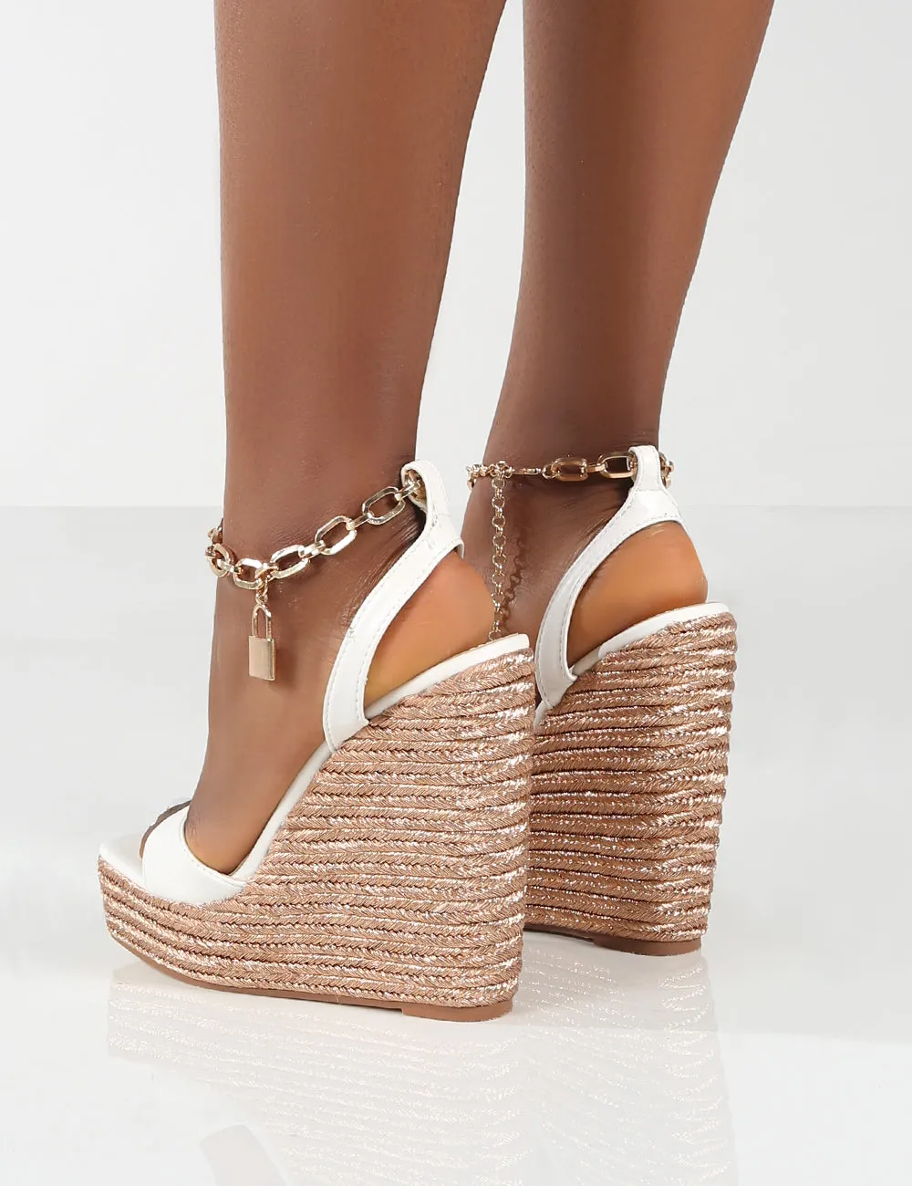 Idolize Wide Fit White Padlock And Chain Detail Wedged Heels