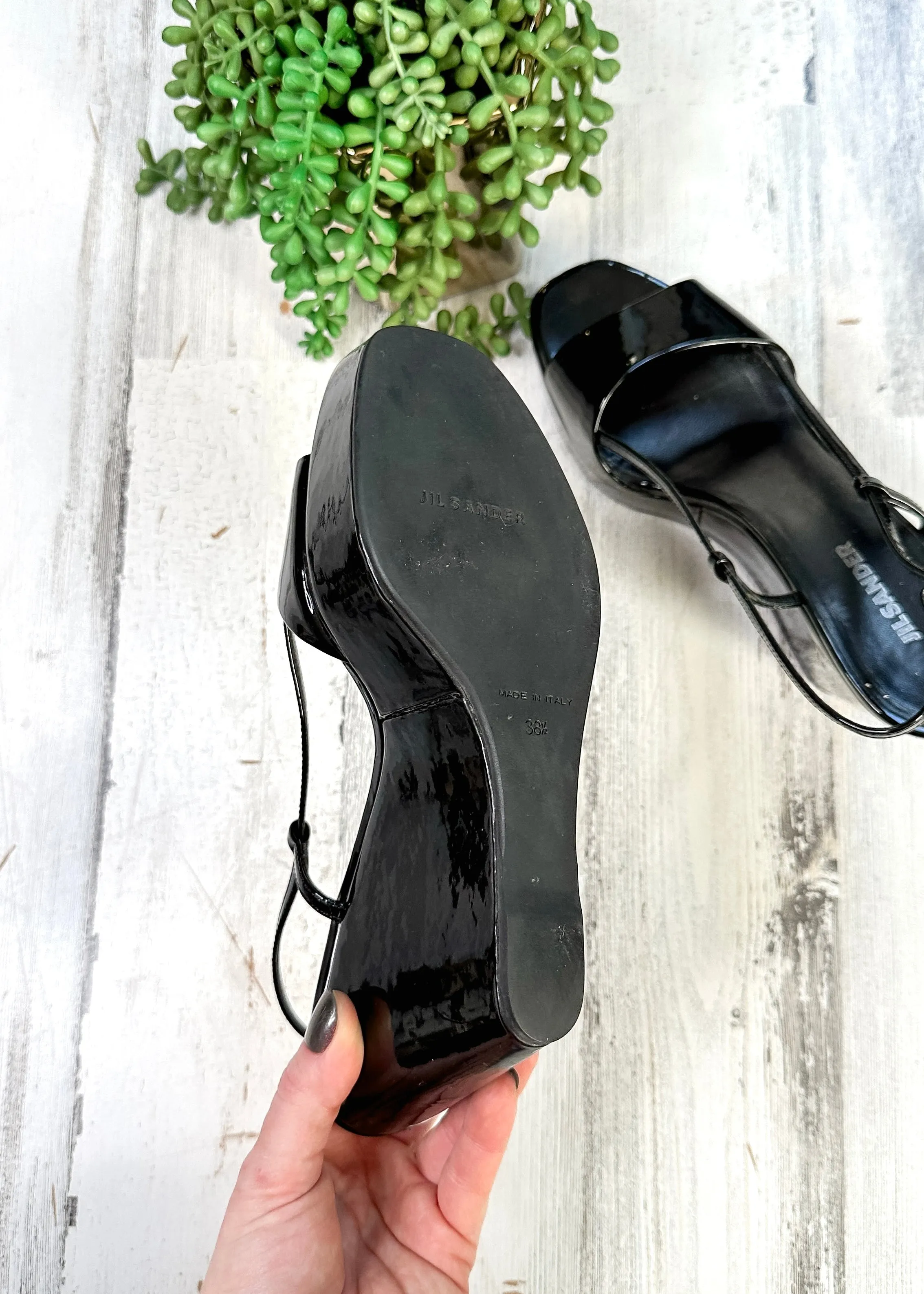 Jil Sander Black Patent Leather Square Toe Sandal Wedge Heels (38.5 or 8/8.5)