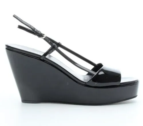 Jil Sander Black Patent Leather Square Toe Sandal Wedge Heels (38.5 or 8/8.5)