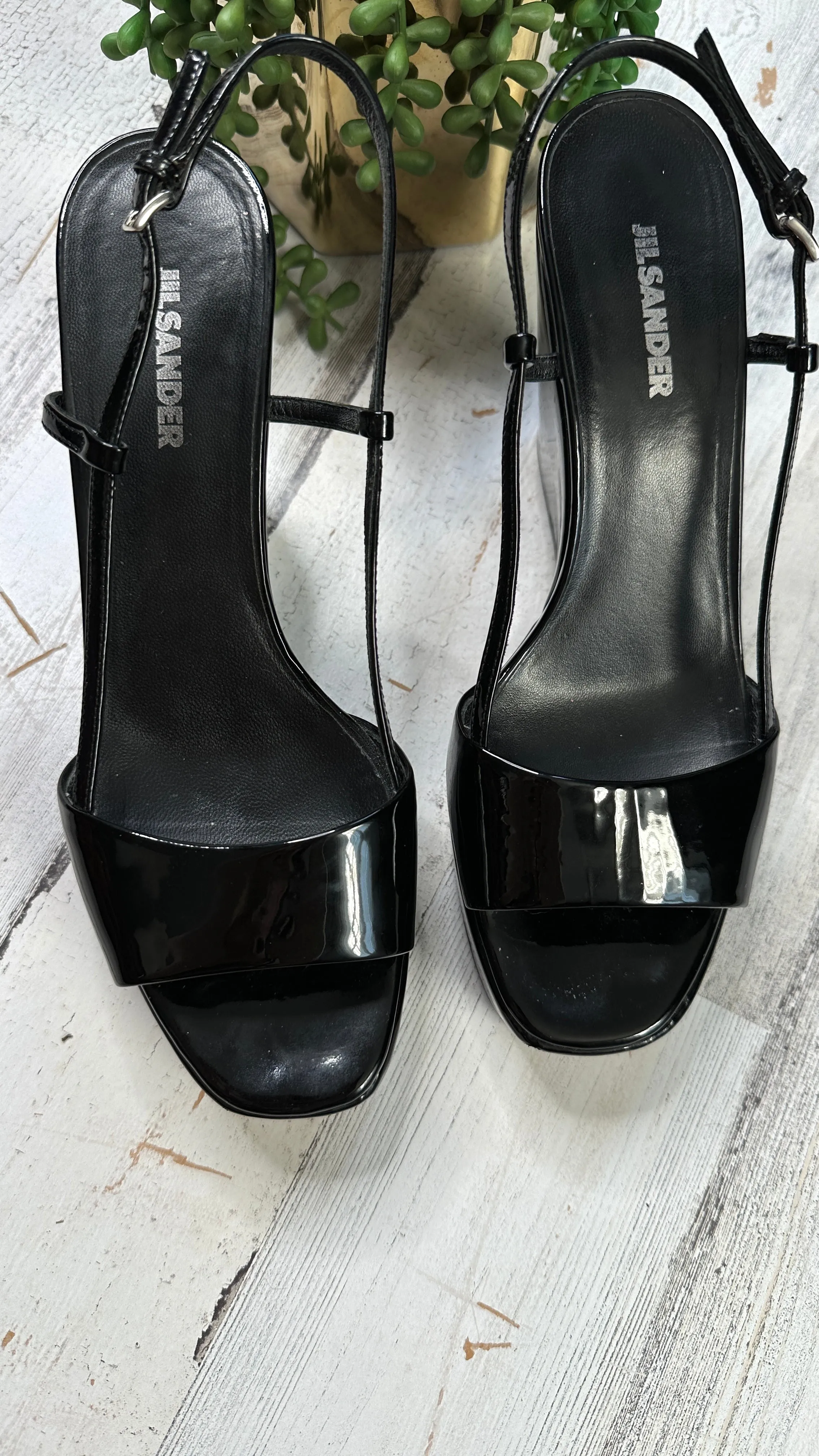 Jil Sander Black Patent Leather Square Toe Sandal Wedge Heels (38.5 or 8/8.5)