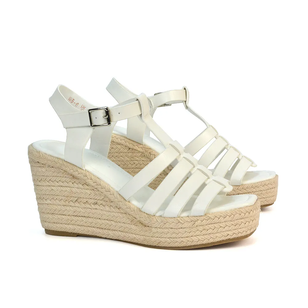 Jojo Espadrille Platform Wedge Heel Sandals With Ankle Strap in White