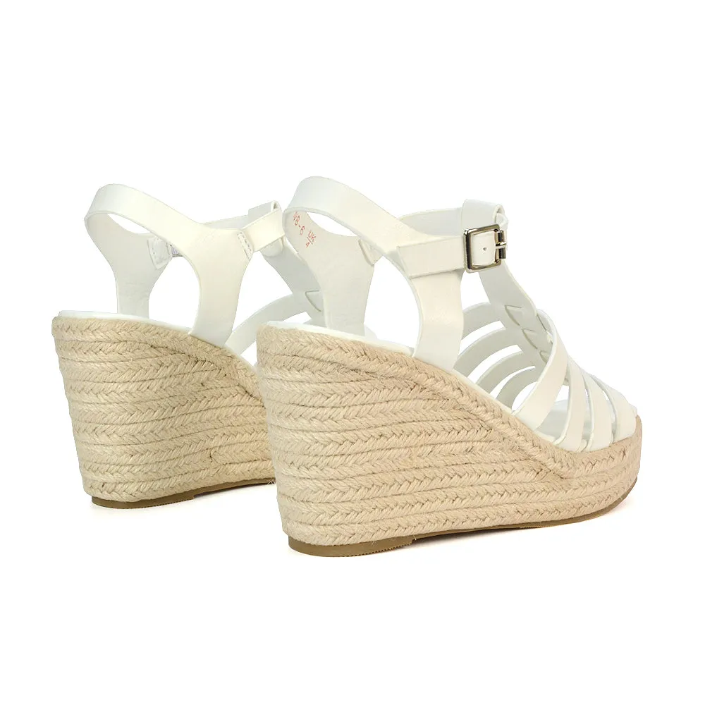 Jojo Espadrille Platform Wedge Heel Sandals With Ankle Strap in White