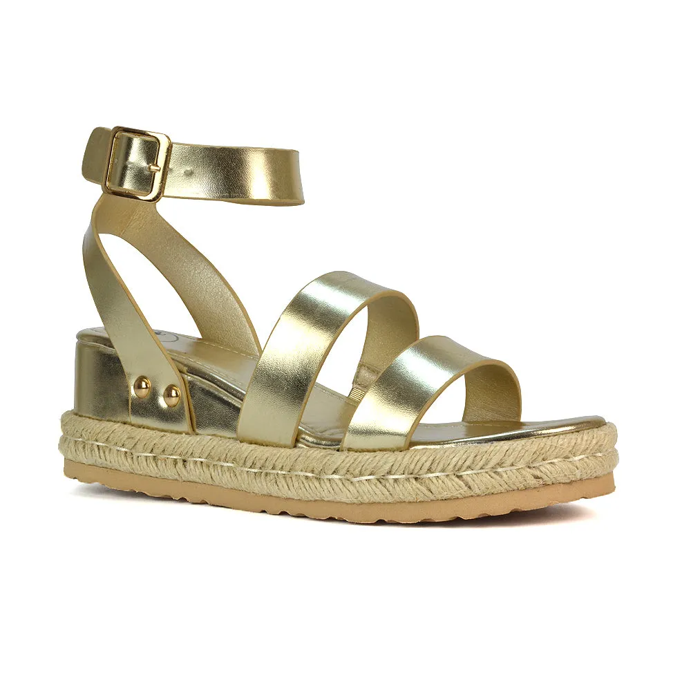 Jorja Platform Wedge Heel Sandals Espadrilles in White Synthetic Leather