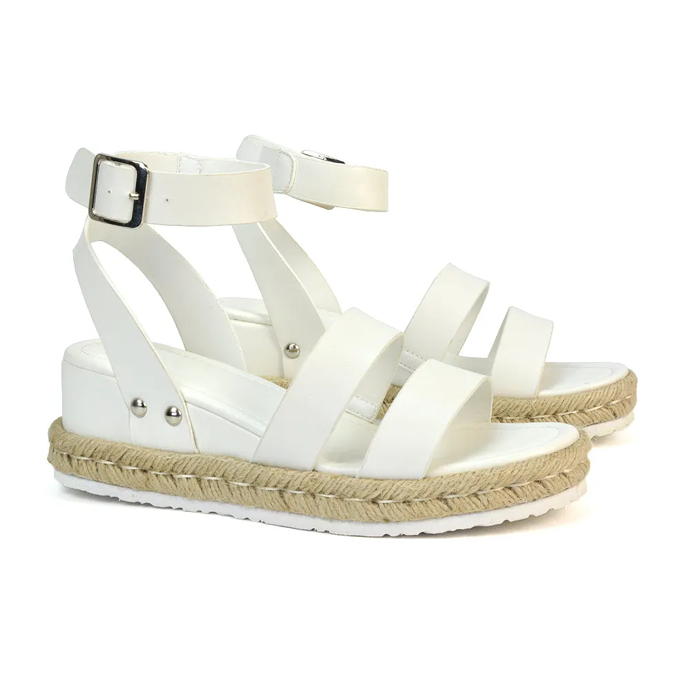 Jorja Platform Wedge Heel Sandals Espadrilles in White Synthetic Leather