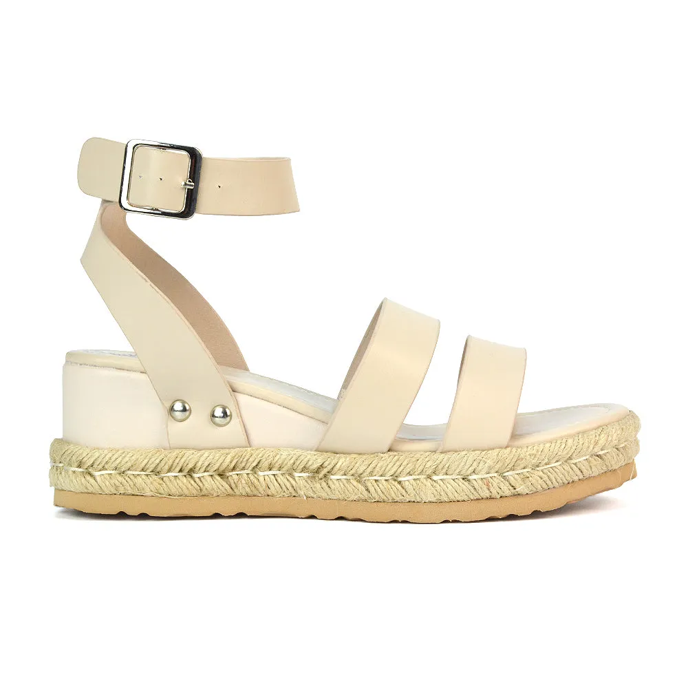 Jorja Platform Wedge Heel Sandals Espadrilles in White Synthetic Leather