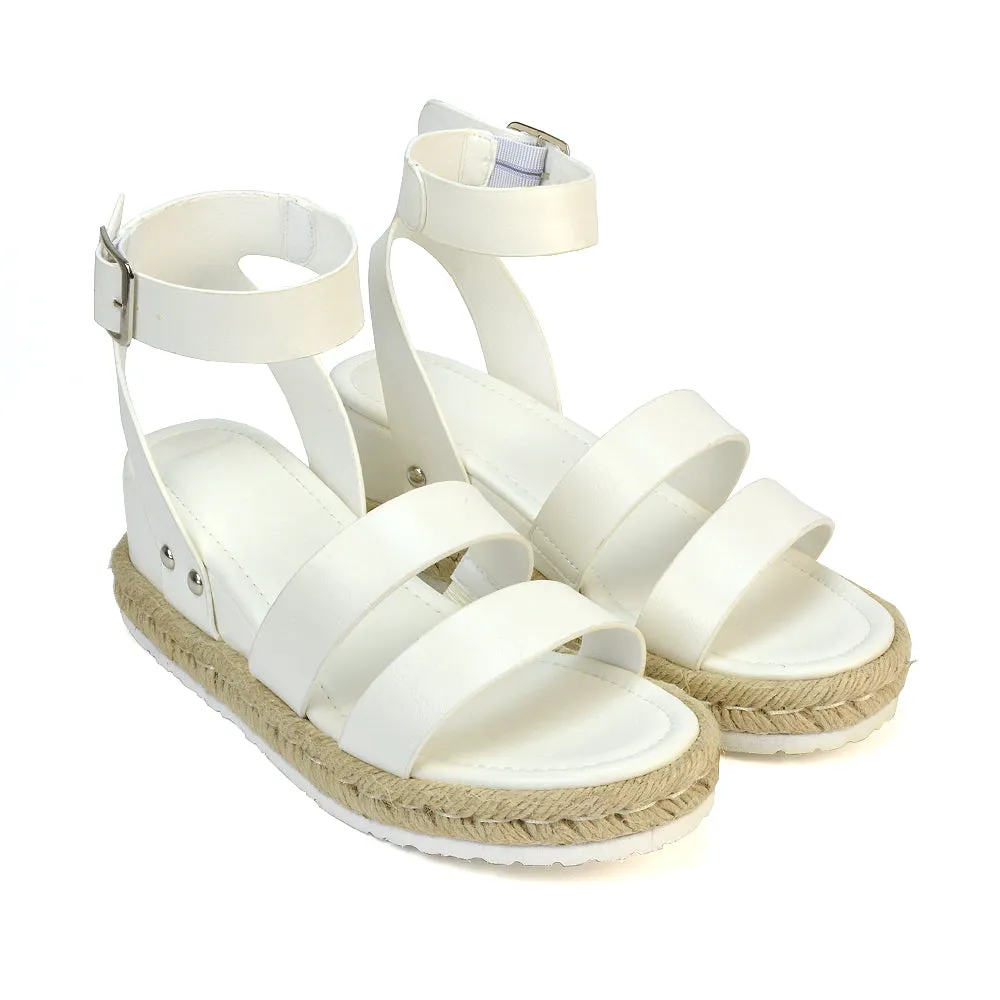 Jorja Platform Wedge Heel Sandals Espadrilles in White Synthetic Leather