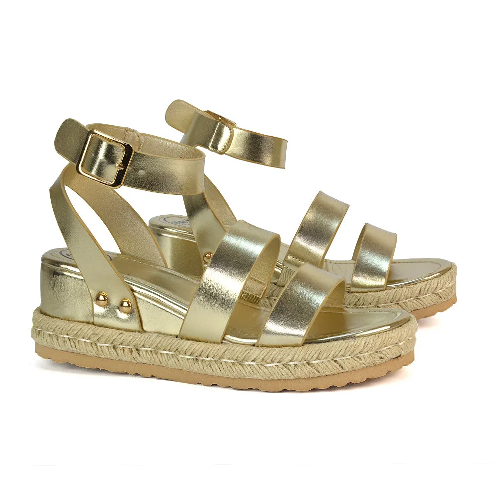 Jorja Platform Wedge Heel Sandals Espadrilles in White Synthetic Leather