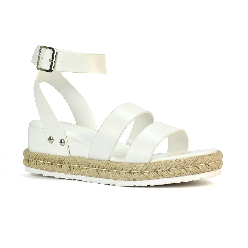 Jorja Platform Wedge Heel Sandals Espadrilles in White Synthetic Leather