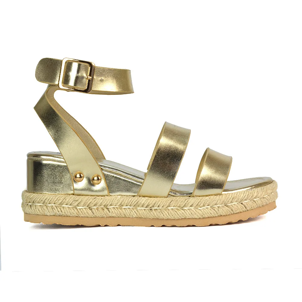 Jorja Platform Wedge Heel Sandals Espadrilles in White Synthetic Leather