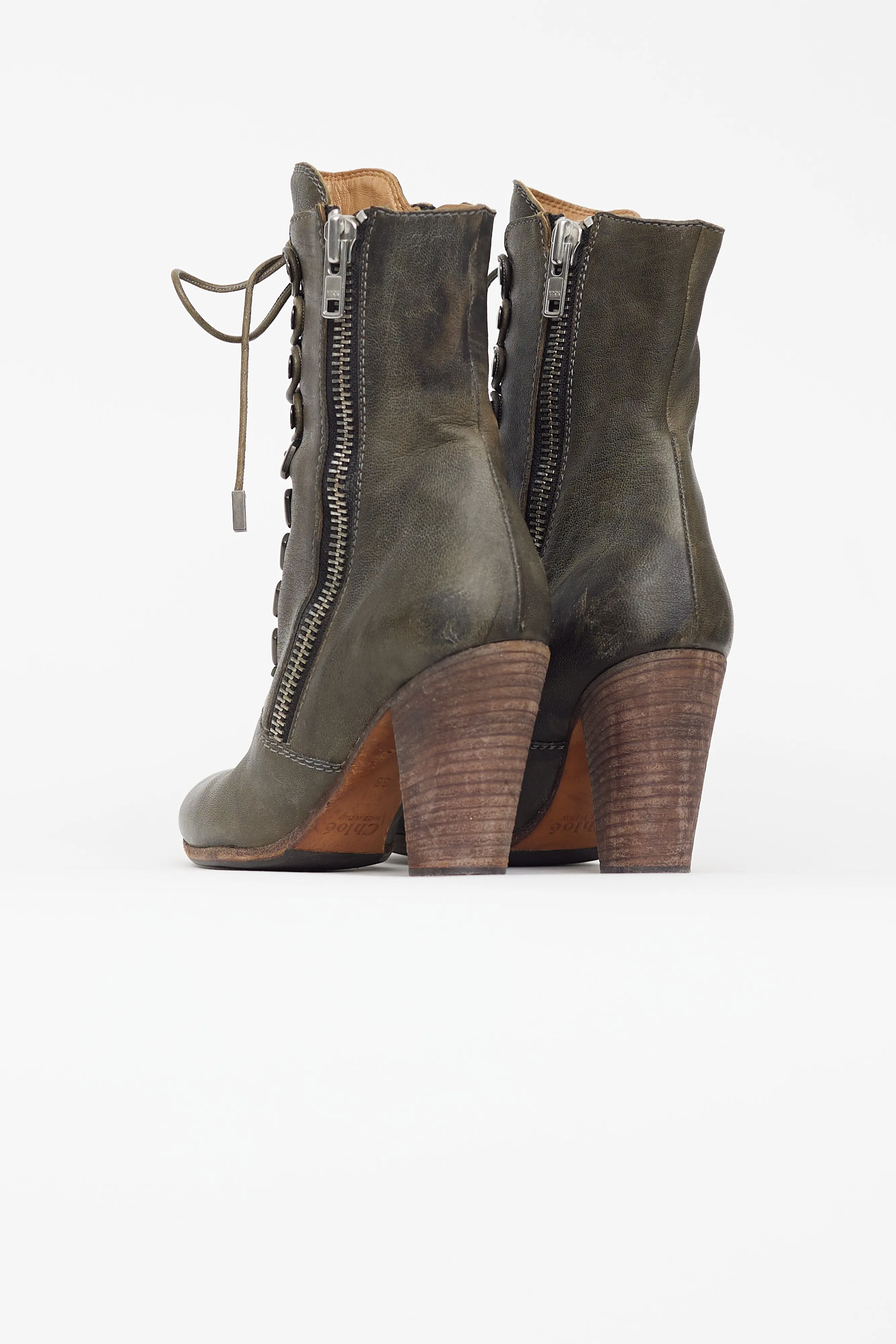 Khaki Green Leather Lace Up Boot