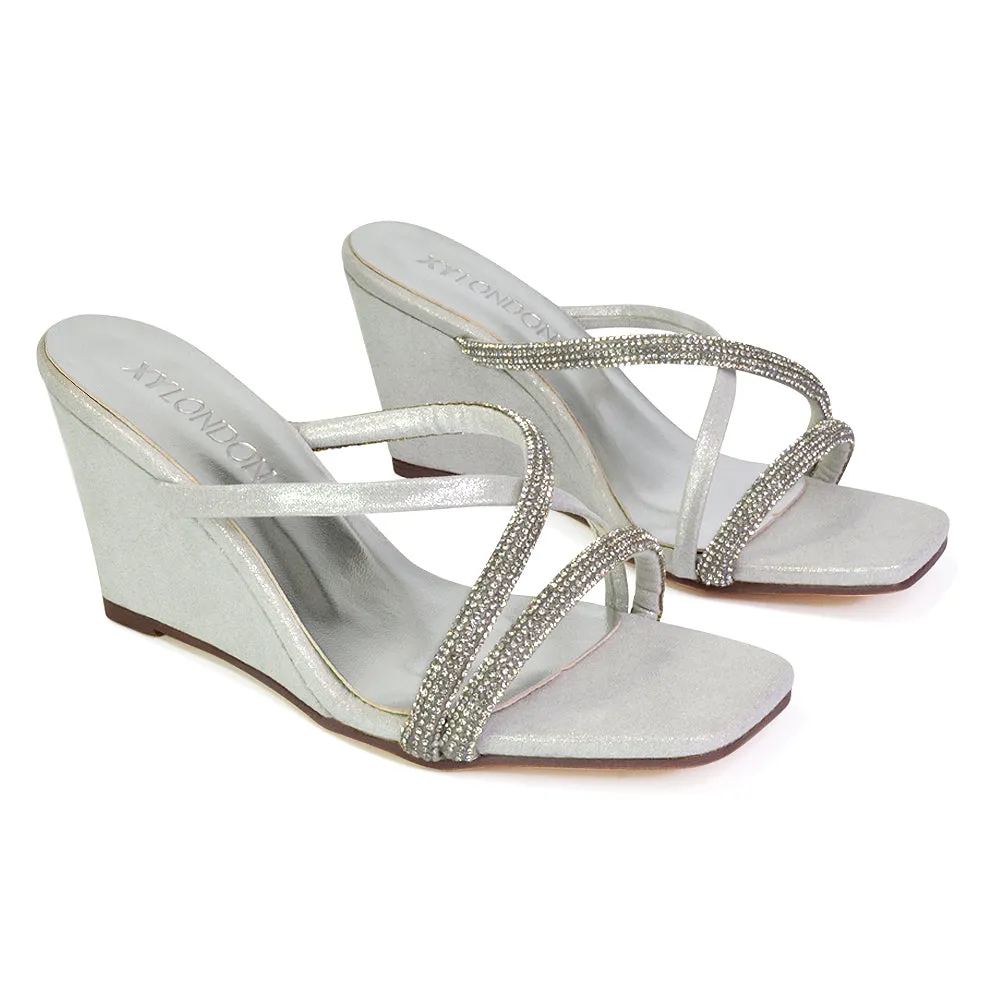 Kinsley Slip on Heeled Mules Diamante Strappy Square Toe Sandal Wedge Heel in Rose Gold