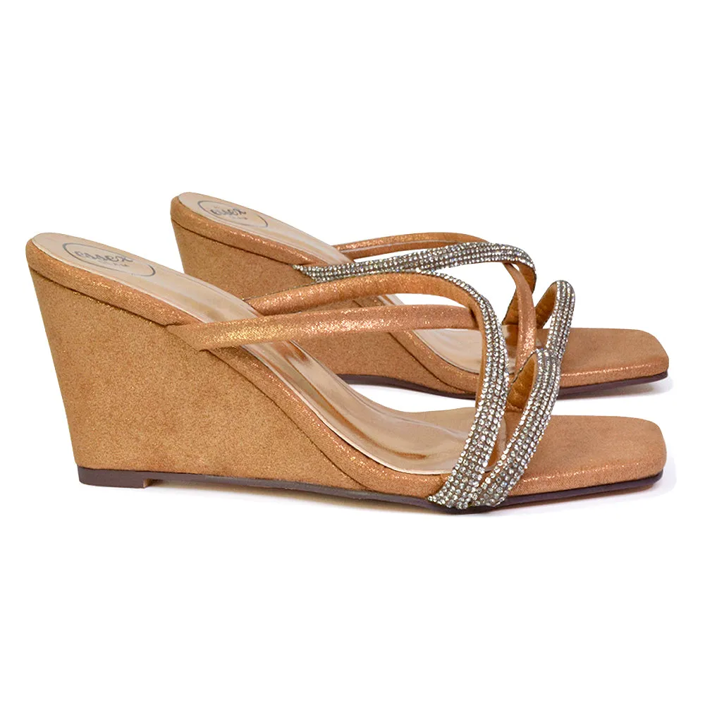 Kinsley Slip on Heeled Mules Diamante Strappy Square Toe Sandal Wedge Heel in Rose Gold