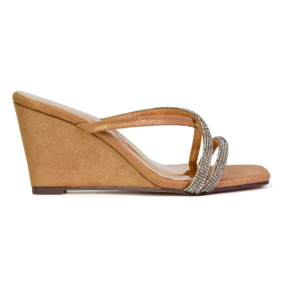 Kinsley Slip on Heeled Mules Diamante Strappy Square Toe Sandal Wedge Heel in Rose Gold