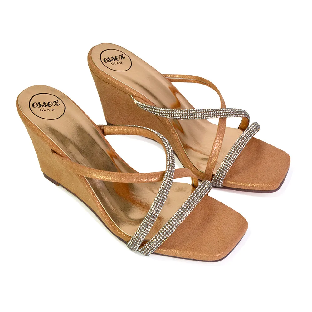 Kinsley Slip on Heeled Mules Diamante Strappy Square Toe Sandal Wedge Heel in Rose Gold