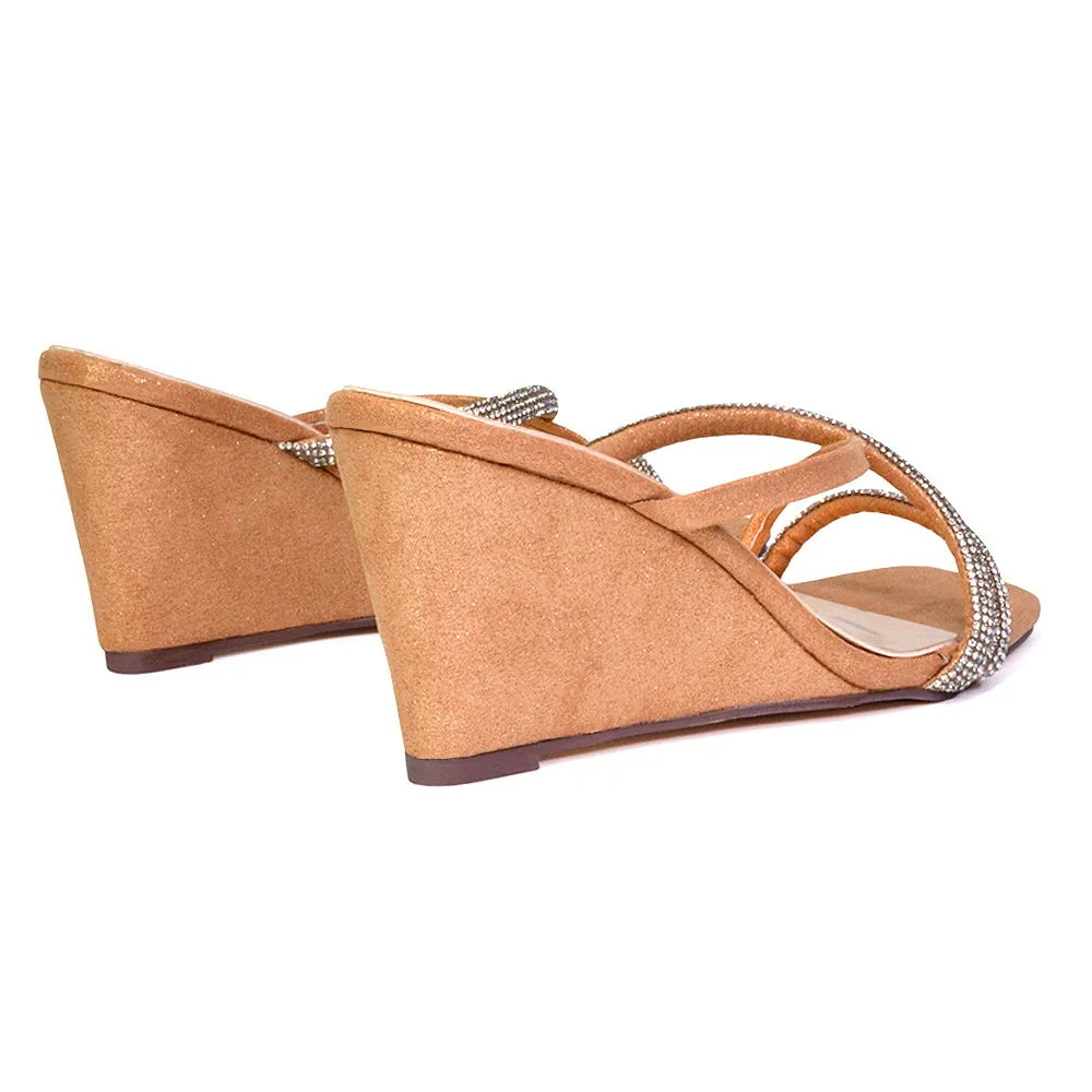 Kinsley Slip on Heeled Mules Diamante Strappy Square Toe Sandal Wedge Heel in Rose Gold