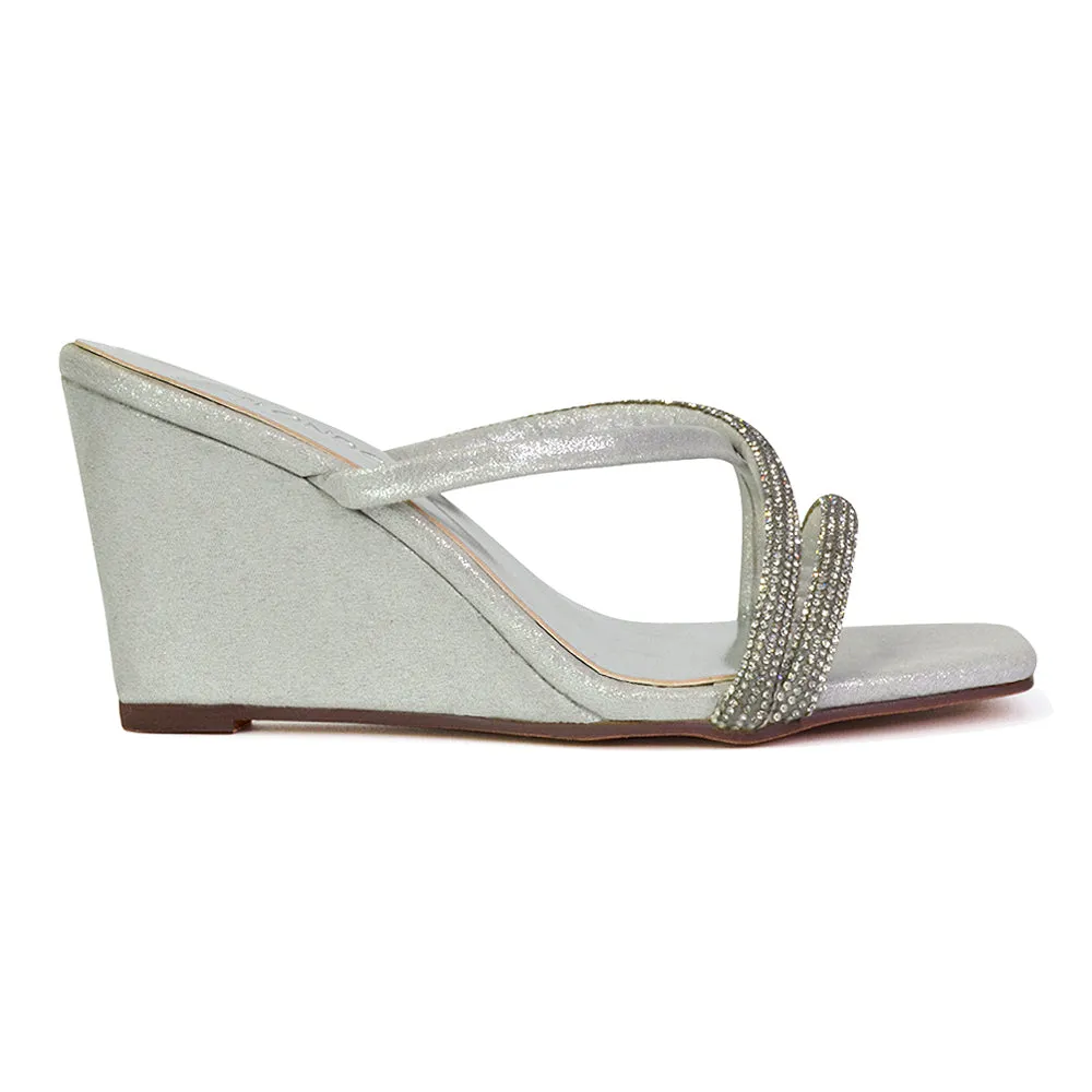 Kinsley Slip on Heeled Mules Diamante Strappy Square Toe Sandal Wedge Heel in Rose Gold