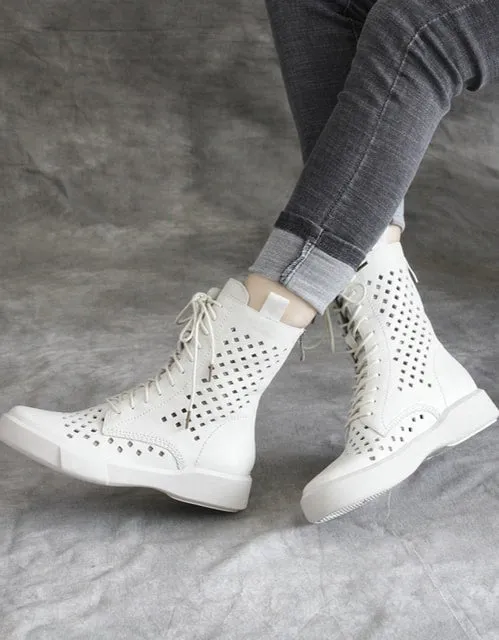 Lace Up Hollow Leather Summer Boots Black