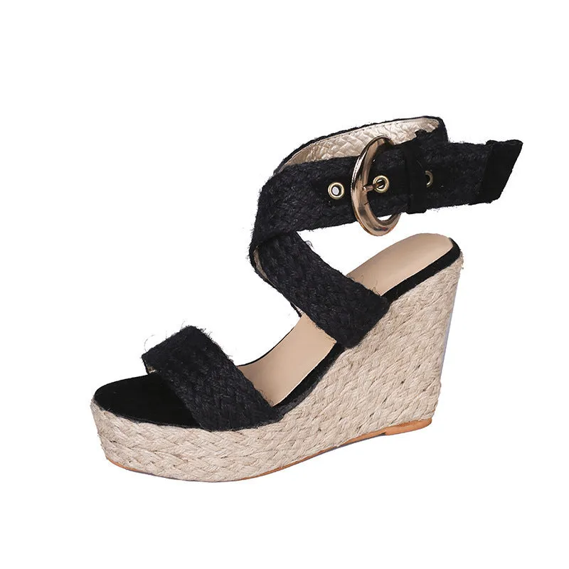 Large Size Wedge Sandals Women's Solid Color Linen High Heels