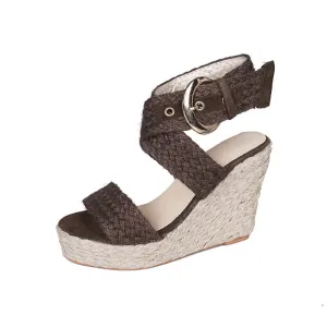 Large Size Wedge Sandals Women's Solid Color Linen High Heels