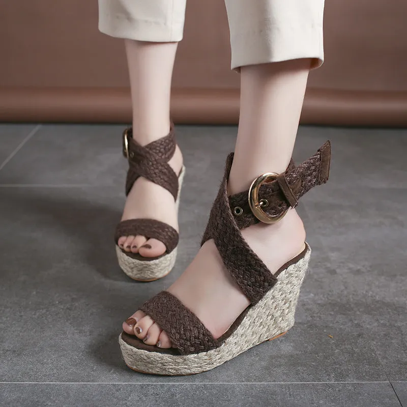 Large Size Wedge Sandals Women's Solid Color Linen High Heels