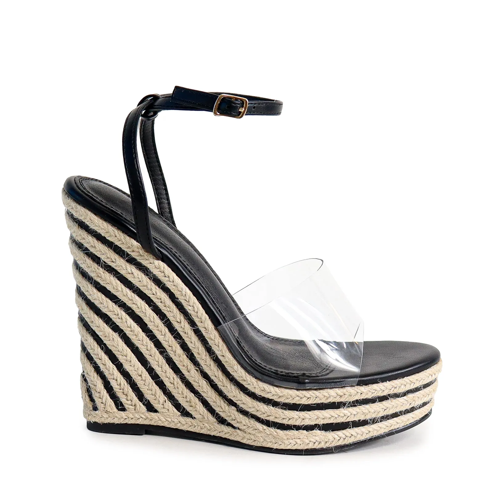 LEAH-1 OPEN TOE CLEAR STRAP W/ WEDGE SANDAL - BLACK