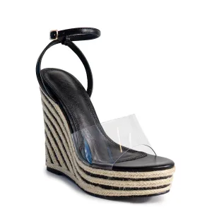 LEAH-1 OPEN TOE CLEAR STRAP W/ WEDGE SANDAL - BLACK