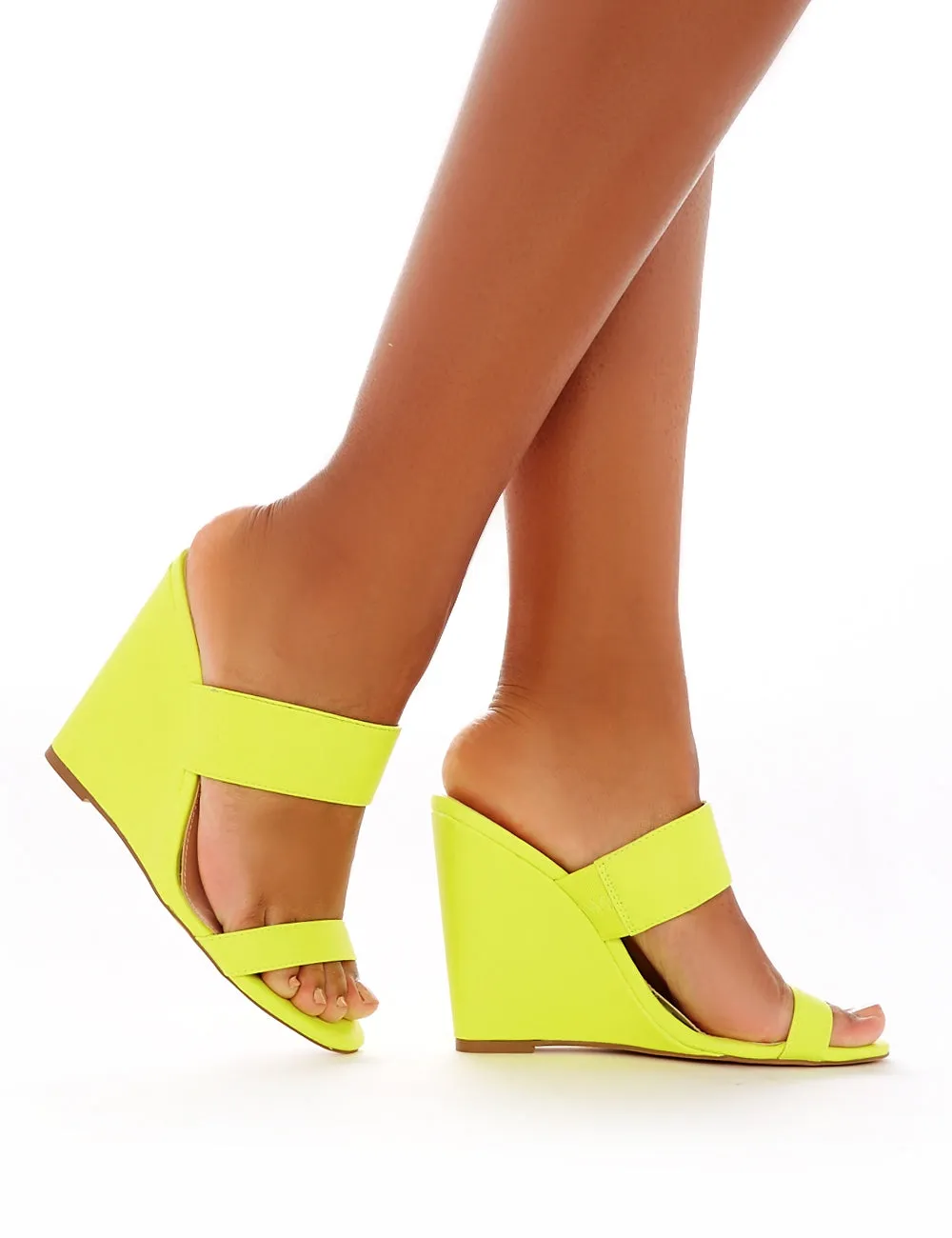 Lena Wedge Heeled Mules in Neon Yellow