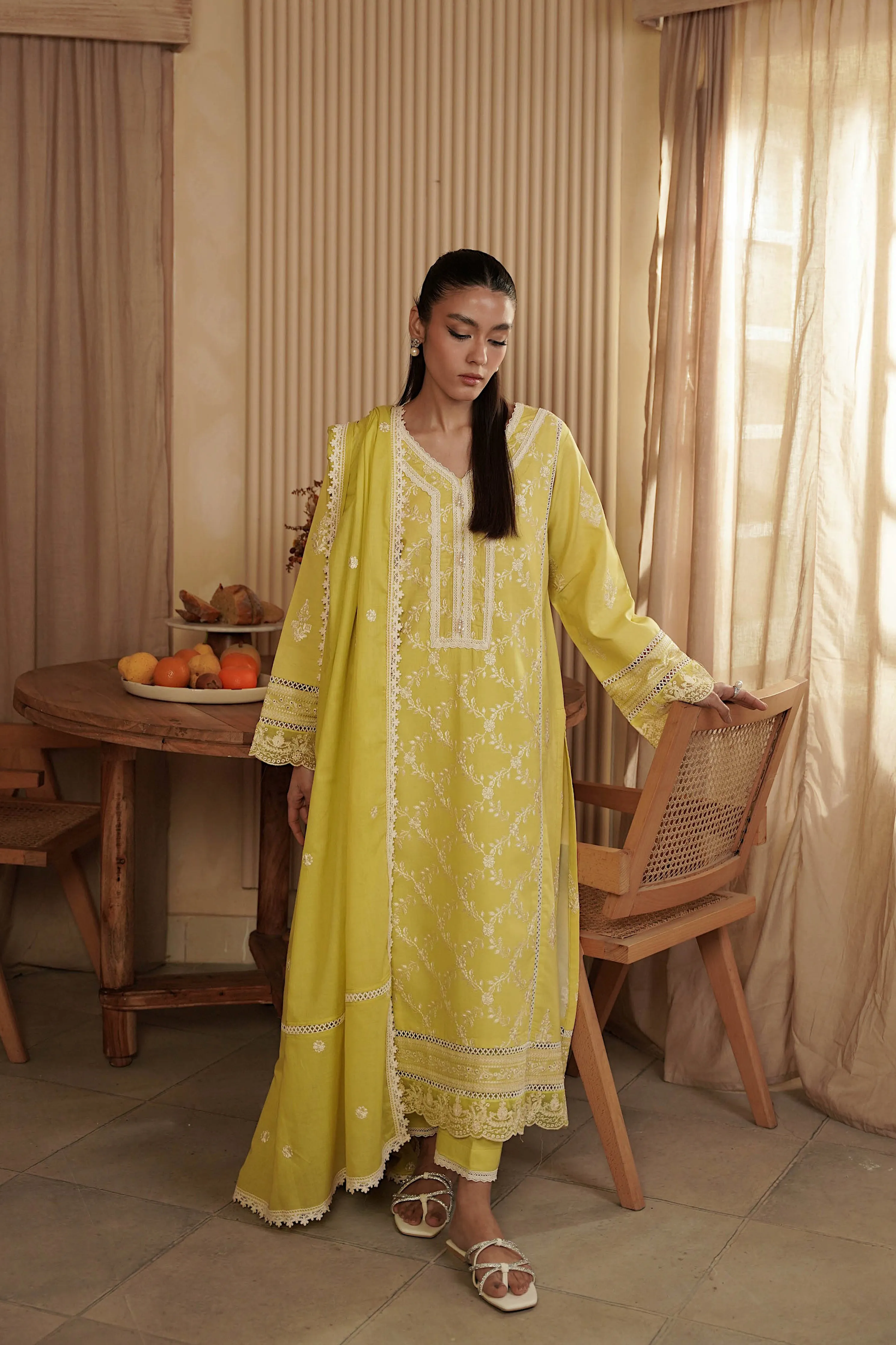 LIME GREEN EMBROIDERED THREE PIECE SET - RAMADAN EDIT