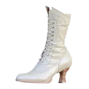 Merendy Hekayat Pointed toe Med Block Heel Tall Lace-up White Victorian Mid Calf Boots