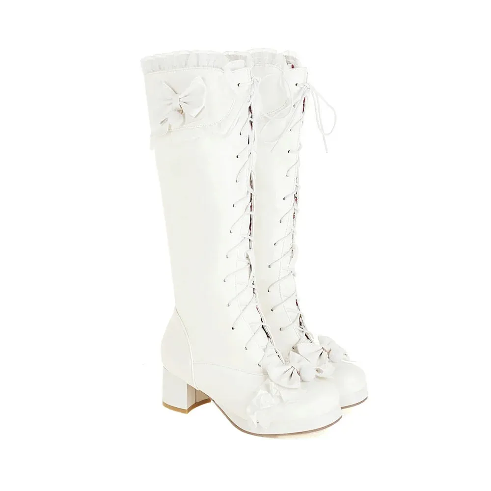 Merendy Senioreta Round Toe Tall Lace-up Platform Princess White Victorian Boots