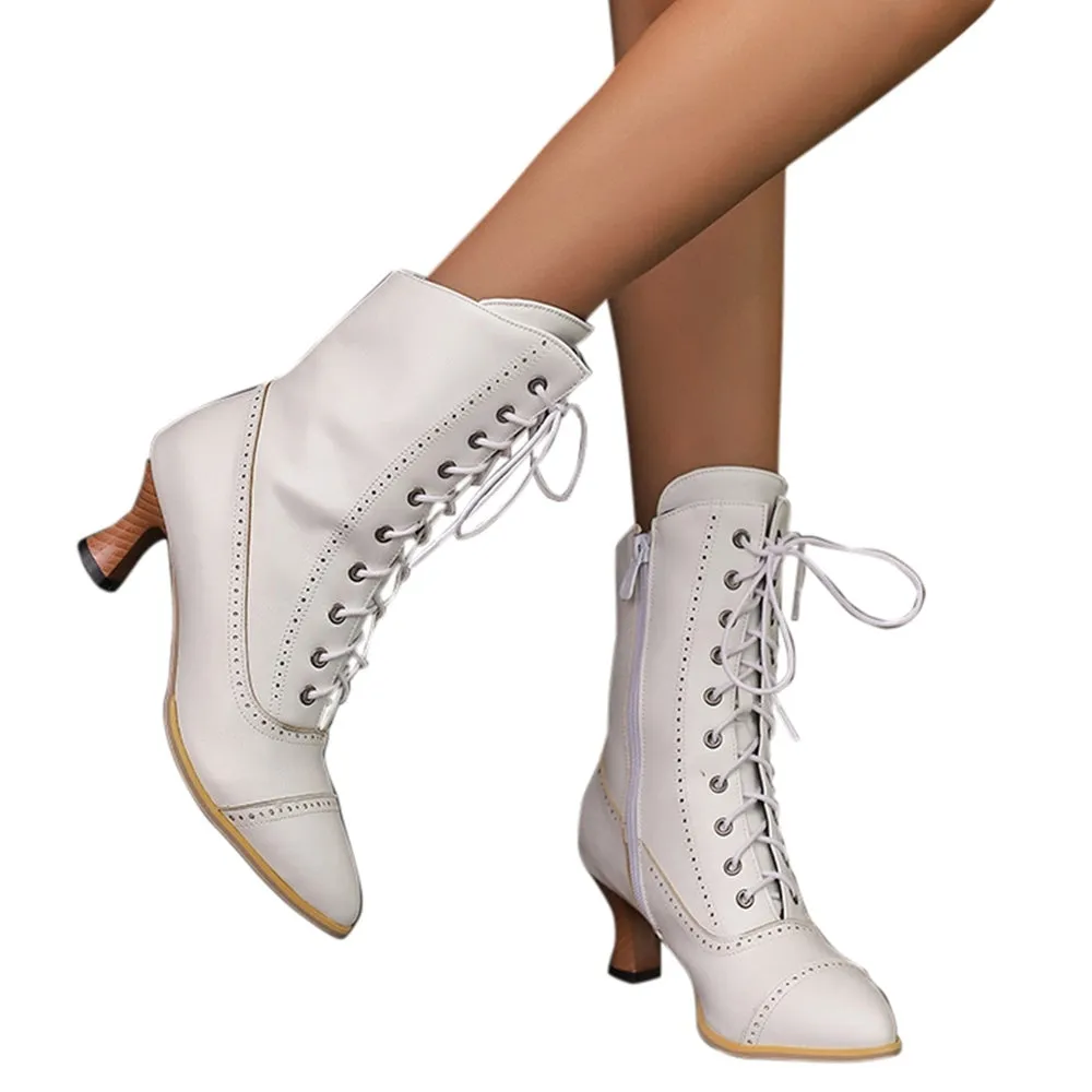 Merendy Wahmy Pointed-Toe Lace-Up White Victorian Mid-Calf Boots