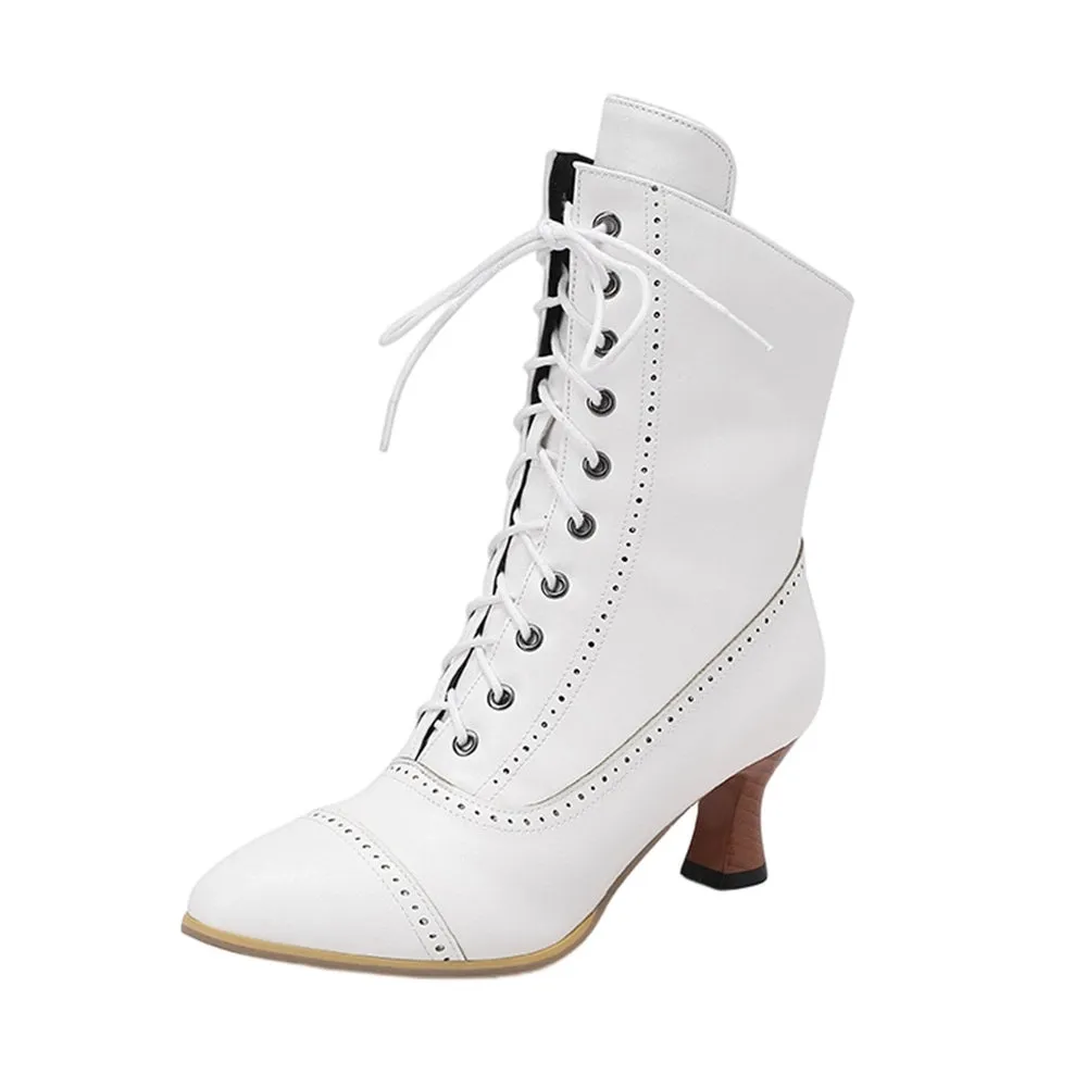 Merendy Wahmy Pointed-Toe Lace-Up White Victorian Mid-Calf Boots