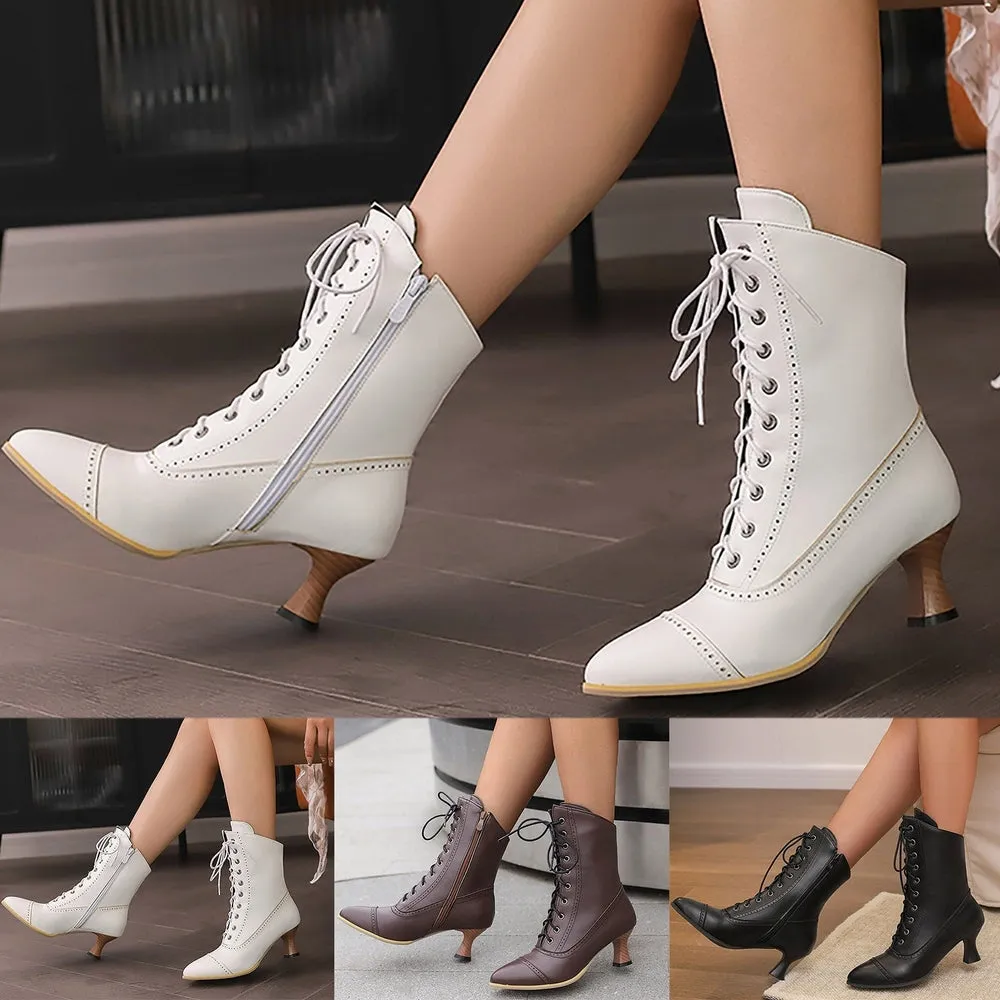 Merendy Wahmy Pointed-Toe Lace-Up White Victorian Mid-Calf Boots