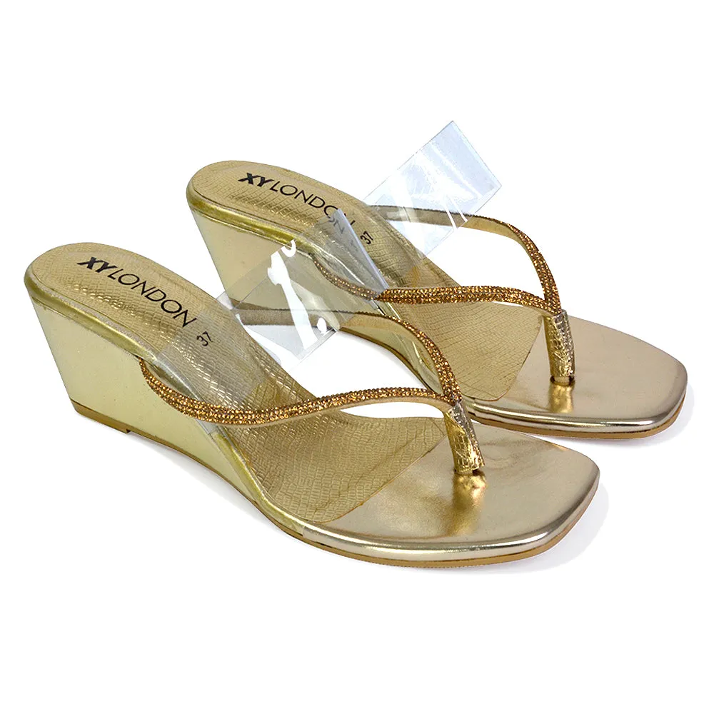 Mirabel Square Toe Post Perspex Wedge Heel Diamante Sandals in Gold