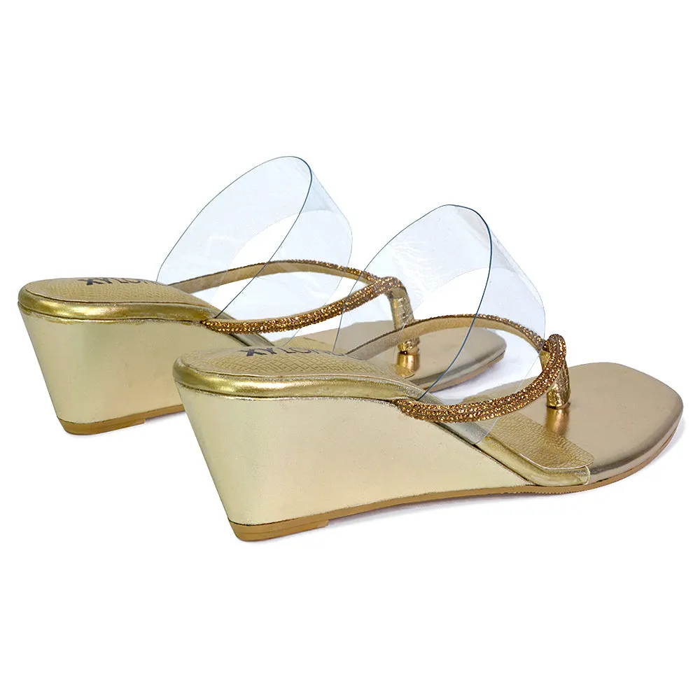 Mirabel Square Toe Post Perspex Wedge Heel Diamante Sandals in Gold