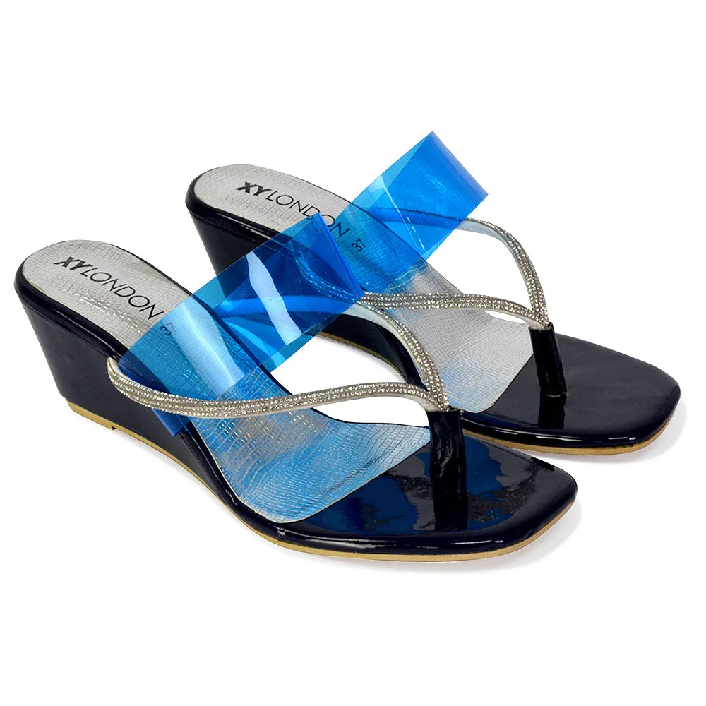 Mirabel Square Toe Post Perspex Wedge Heel Diamante Sandals in Gold