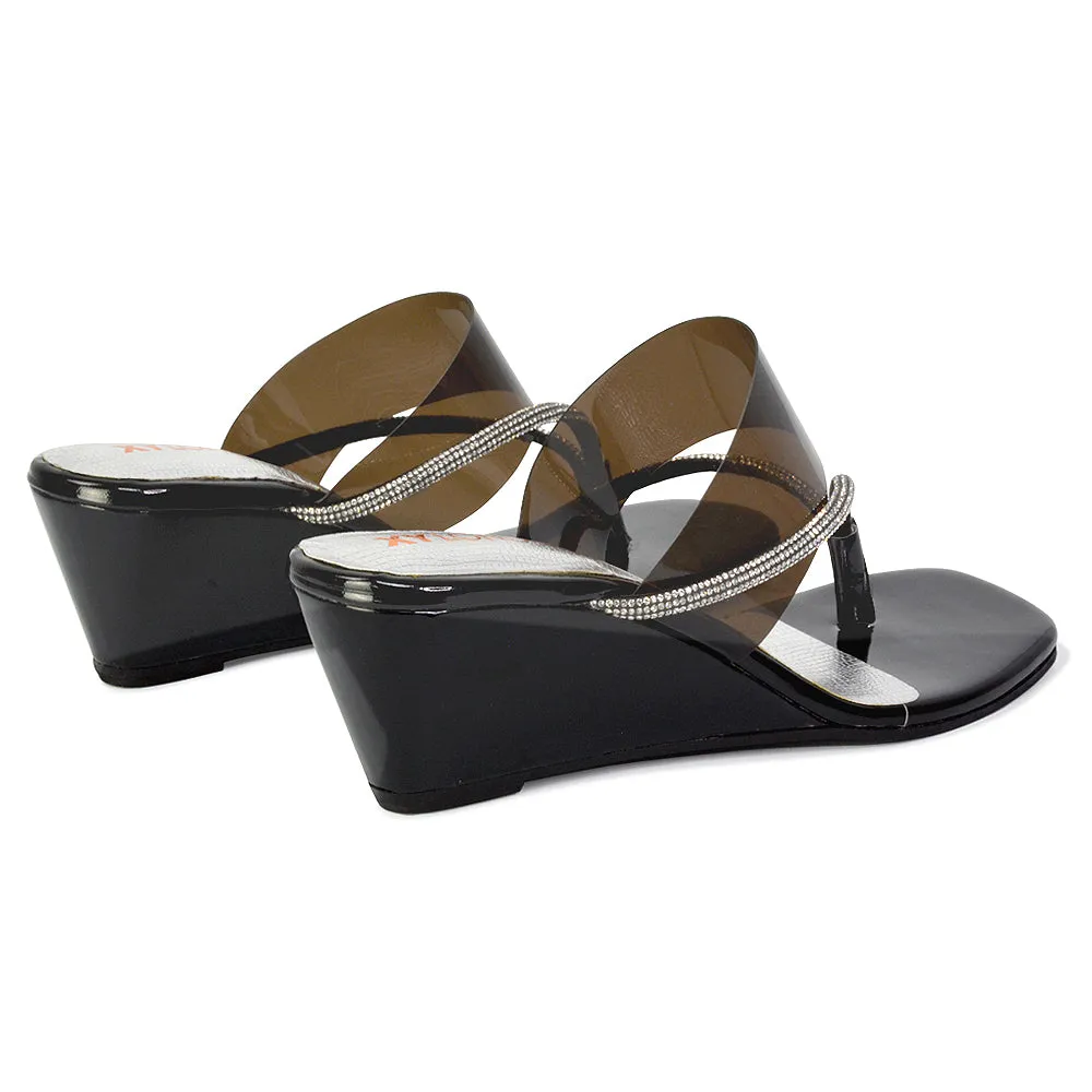 Mirabel Square Toe Post Perspex Wedge Heel Diamante Sandals in Gold