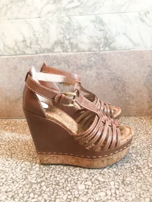 MRKT Brown Cork Leather Platform Wedge Sandals - Size 6