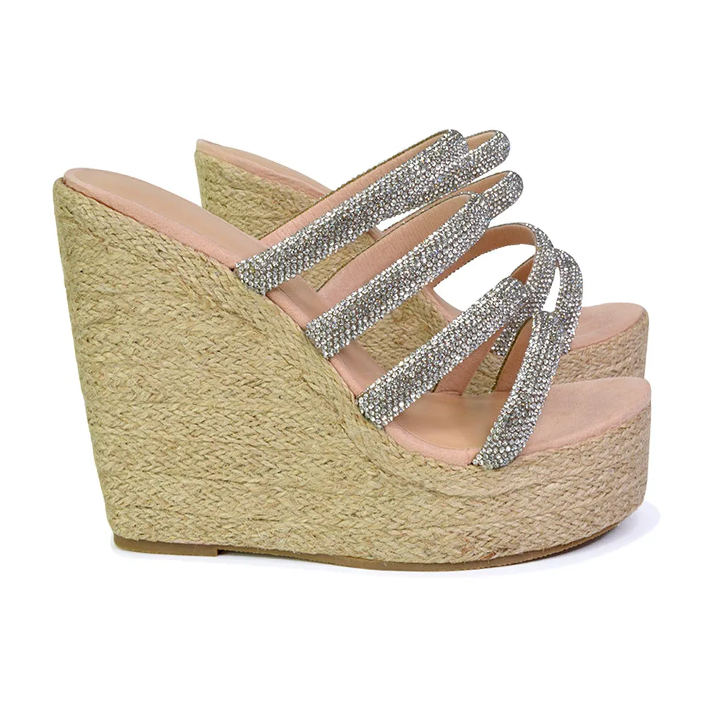 Nalini Diamante Strappy Platform Sandal Wedge Heels in Rose Gold