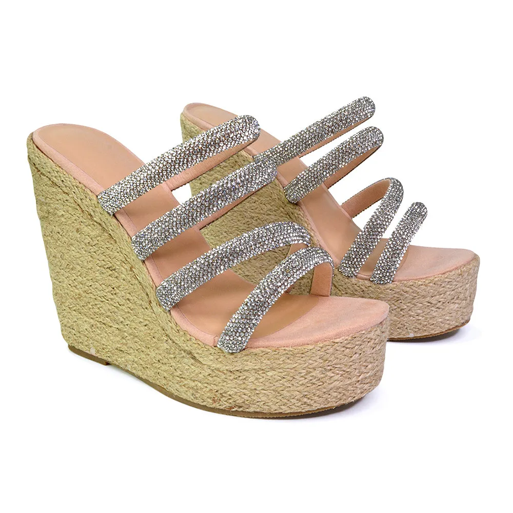 Nalini Diamante Strappy Platform Sandal Wedge Heels in Rose Gold