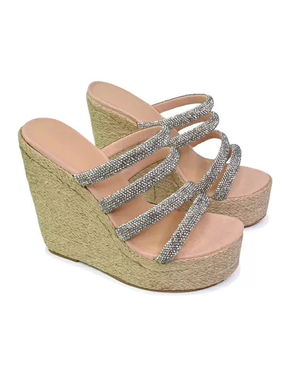 Nalini Diamante Strappy Platform Sandal Wedge Heels in Rose Gold